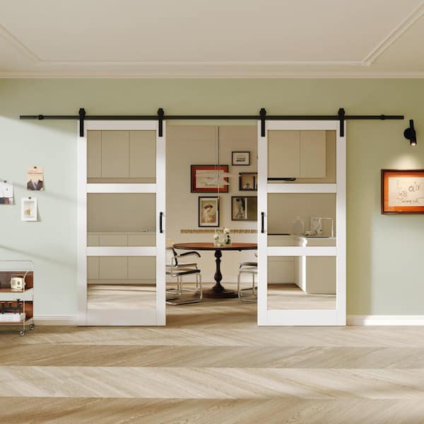 72 in. x 84 in. 3-Lite Mirrored Glass White Finished Composite MDF Barn Door Slab with Hardware Kit