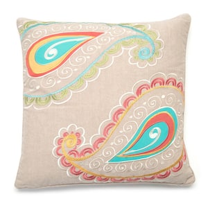 Ashbury Spring Multicolor Embroidered Applique Paisley 20 in. x 20 in. Throw Pillow