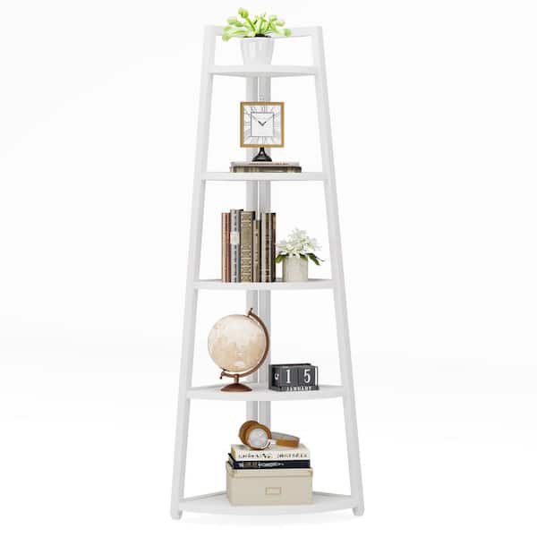 BYBLIGHT Eulas 70 in. Tall white MDF 5-Shelf Corner Ladder Shelf Bookcase with Metal Frame for Living Room, Kitchen, Home Office