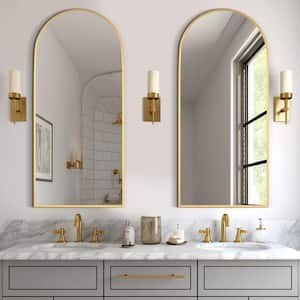 22 in. W x 47 in. H Arched Mirror for Bathroom Entryway Wall Decor Metal Frame Wall Mounted Mirror in Gold, (Set of 2)