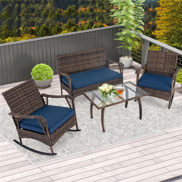 Brown 4-Piece Metal Patio Conversation Set with Navy Cushions