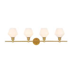 Timeless Home Grant 37.6 in. W x 10.2 in. H 4-Light Brass and Frosted White Glass Wall Sconce