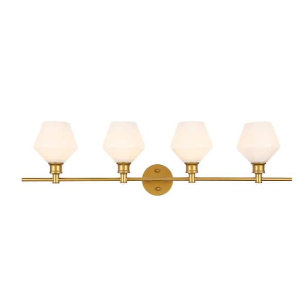 Unbranded Timeless Home Grant 37.6 in. W x 10.2 in. H 4-Light Brass and Frosted White Glass Wall Sconce