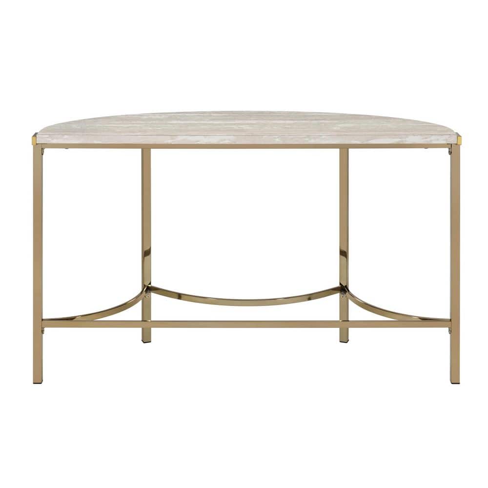 Champagne Gold Metal Half-Circle Console Table with Faux Marble Top