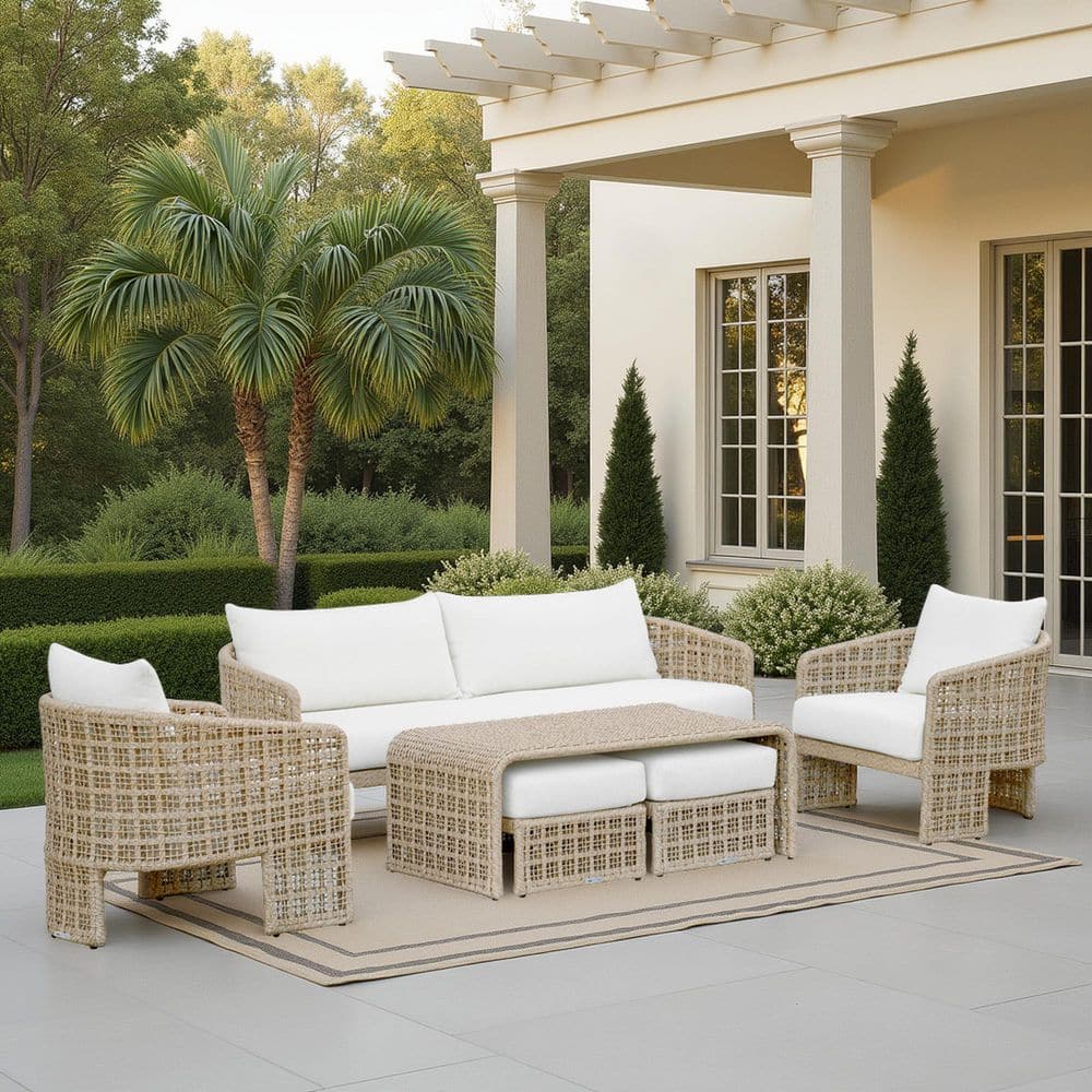 Driftbay Natural Finish 6-Piece Aluminium Patio Conversation Set with White Boucle Cushions