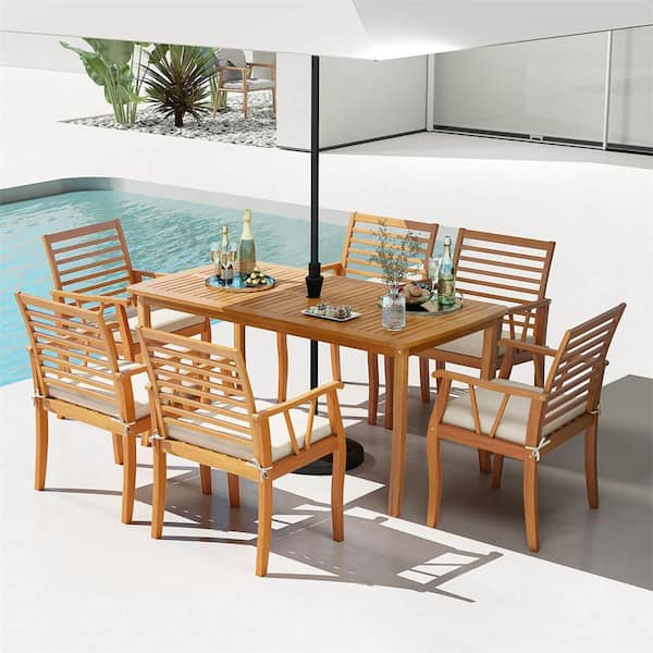 7 PCS Patio Dining Set Acacia Wood Table and Chairs Set with 1.97” Umbrella Hole in Natural