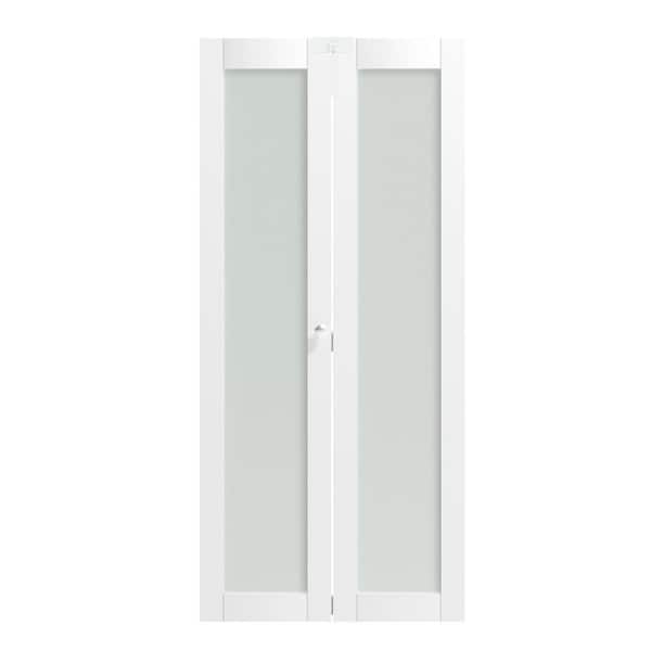 36 in x 80 in Full Lite Frosted Glass Solid Core White PVC Covering MDF Bi-fold Door with Lock and Full Accessories