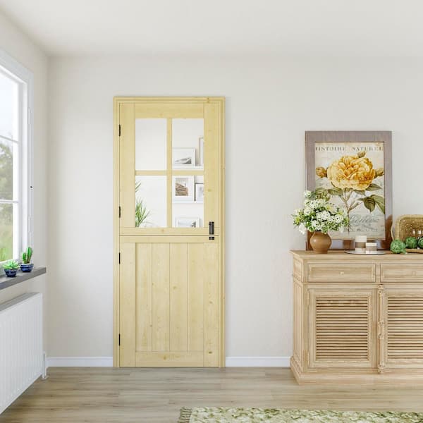 32 in. x 80 in. Unfinished Solid Pine wood Universal 4 Lite Clear Glass Dutch Door Interior Door Slab
