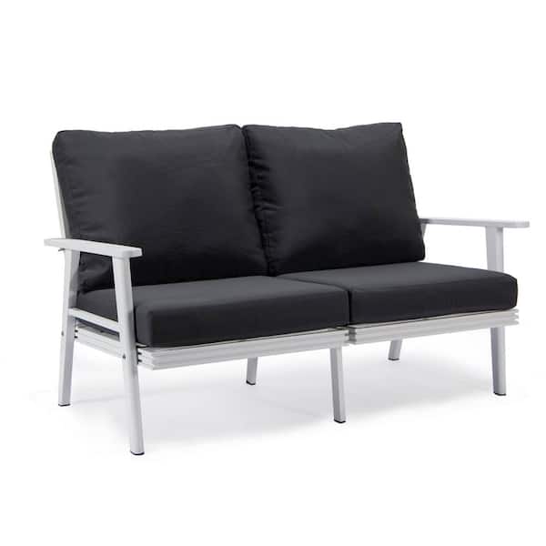 Leisuremod Walbrooke Patio White Aluminum Frame and Loveseat with Charcoal Removable Cushions