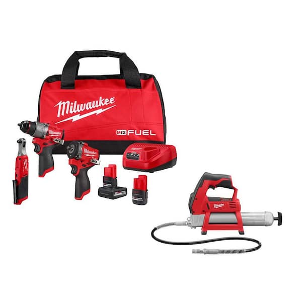 M12 FUEL 12V Lithium-Ion Cordless Drill Driver, Impact Wrench, and Ratchet Combo Kit (4-Tool) w/Batteries, Charger & Bag