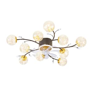 39 in. 10-Light Indoor Black Flush Mount Ceiling Fan with Remote, Modern Starry Glass Ball Fandelier for Bedroom