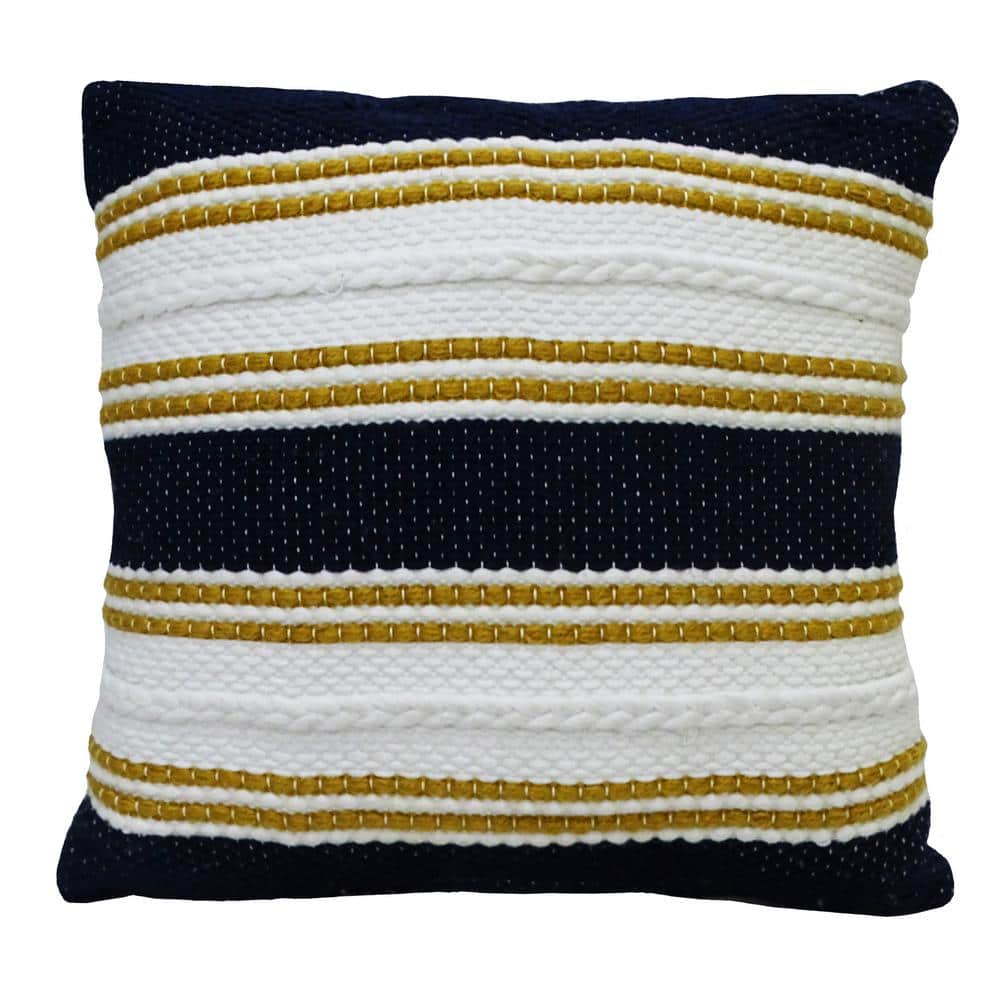 Navy and White Embroidered Square Indoor Outdoor Pillow