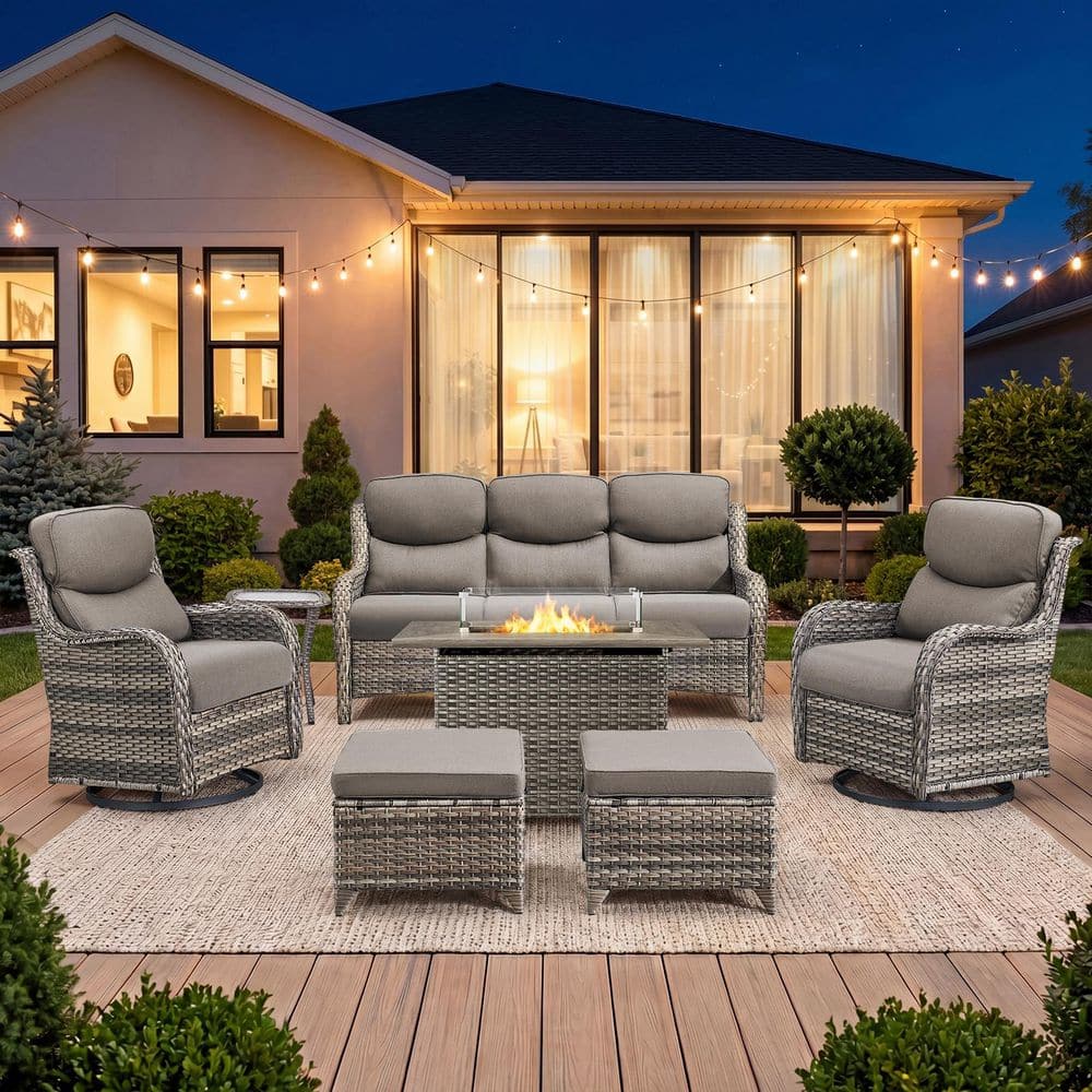 Sialion Gray 7-Piece Patio Conversation Set with 5 in. Gray Cushions, Swivel Glider Chairs and Propane Fire Pit Table price history on PriceWatchPro