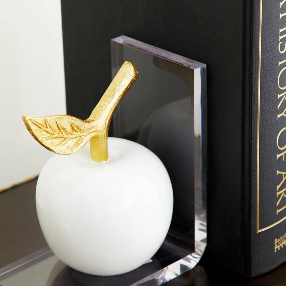 Modern White and Gold Apple Resin Bookends