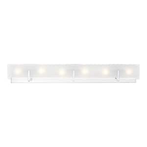 Syll 38 in. 6-Light Chrome Vanity Light with Clear Highlighted Satin Etched Glass Shade