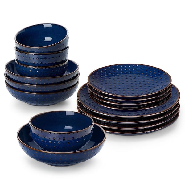 16-Piece Blue Stoneware Dinnerware Set (Service for 4) Bowls and Plates Set Embossed Dots Pattern Tableware Dinner Set