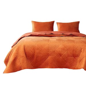 Ahab 3-Piece Orange Diamond Quilting Design Velvet King Quilt Set