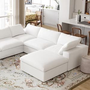 118 in. Square Arm 5-Piece Linen L-Shaped Sectional Sofa Corner Cloud Couch in White with Ottoman