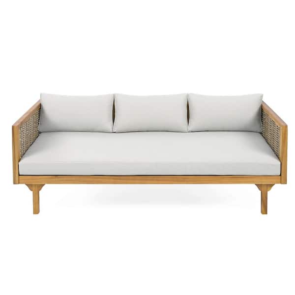 Unbranded Wood Outdoor 3-Seater Teak Wood Day Bed, Chaise Lounge with Cushion Guard and Rattan Arms, Light Grey Cushion