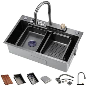 16-Gauge Stainless Steel 30 in. 4-Hole Single Bowl Drop In Waterfall Kitchen Sink Set with Faucet and Accessories