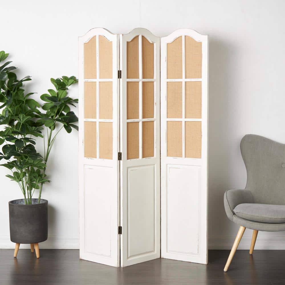 Beige and White Fir Wood Triple Panel Folding Privacy Screen