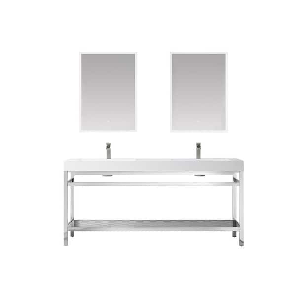 ROSWELL Ablitas 72 in. W x 20 in. D x 34 in. H Double Sink Bath Vanity in Chrome with White Composite Stone Top and Mirror