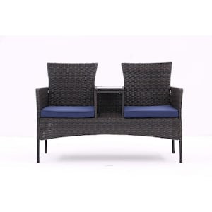 Brown Wicker Outdoor Loveseat Set with Built-in Coffee Table and Blue Cushions, Conversation Set for Garden Lawn