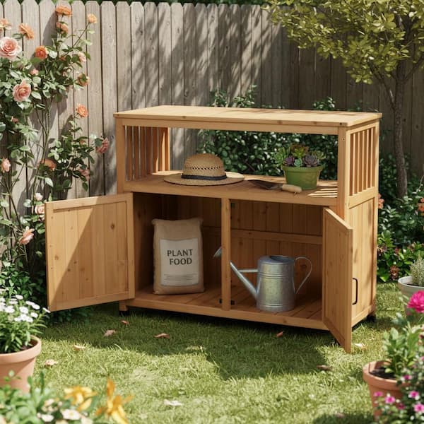 Wood Outdoor Bar Table with Storage Cabinet in Light Brown