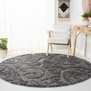 Florida Shag Gray 4 ft. x 4 ft. Round Floral Area Rug