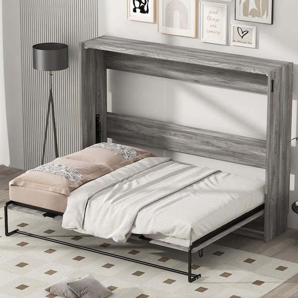 Gray Wood Frame Full Size Murphy Bed Space-Saving Cabinet Bed