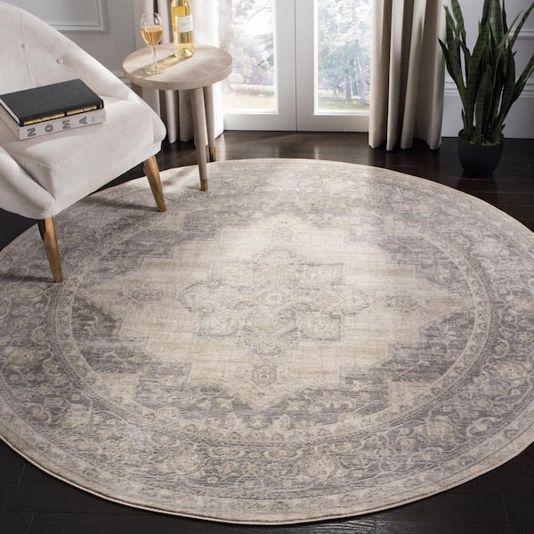 Brentwood Cream/Gray 12 ft. x 12 ft. Floral Medallion Border Round Area Rug