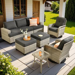 Vinceny Gray 8-Piece Wicker Patio Conversation Seating Set with Black Cushions and Swivel Chairs