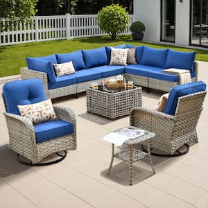 Vinceny Gray 10-Piece Wicker Patio Conversation Set with Navy Blue Cushions and Swivel Chairs