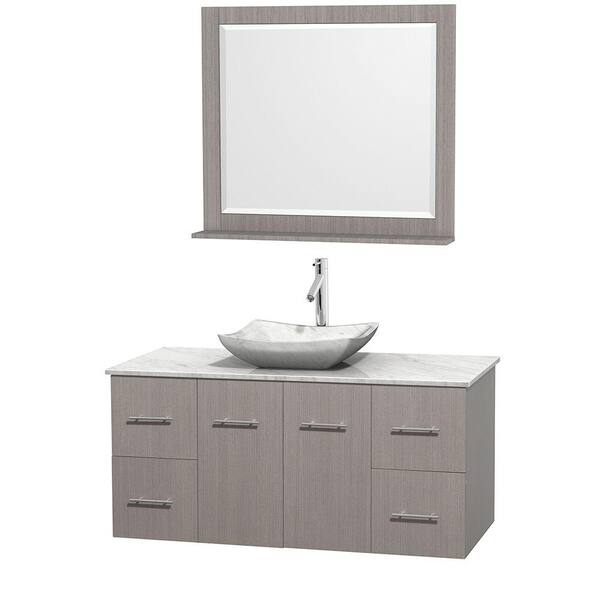 Wyndham Collection Centra 48 in. Vanity in Gray Oak with Marble Vanity Top in Carrara White, Marble Sink and 36 in. Mirror