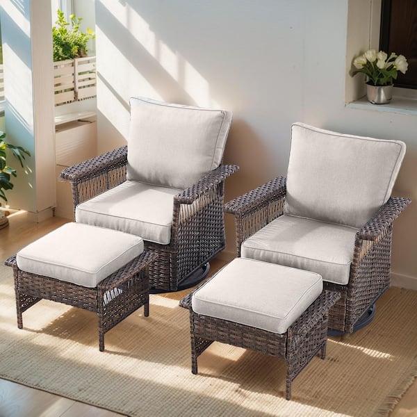 Brown 4-Piece Wicker Outdoor Loveseat Set Patio Rattan Loveseat 2 Lounge Chairs and Coffee Table with Beige Cushions