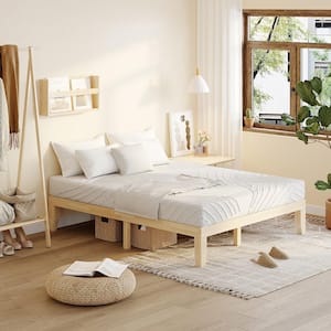 Natural Brown Wood Frame Queen Platform Bed with 8 in. Foam Mattress Set CertiPUR-US Certified