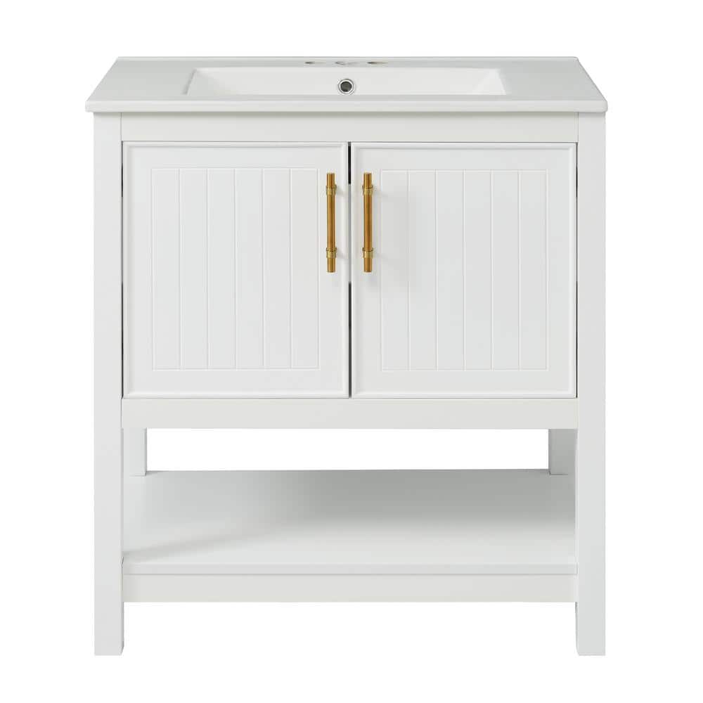 30 in. W Freestanding Bath Vanity in White with White Ceramic Top