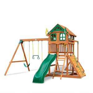 Professionally Installed Outing III Wooden Outdoor Playset with Wood Roof, Monkey Bars, Slide, and Swing Set Accessories
