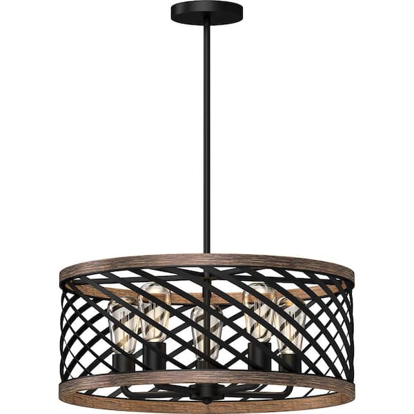5-Light Indoor Black Walnut Downrod Pendant Chandelier with Caged / Crisscrossed Drum