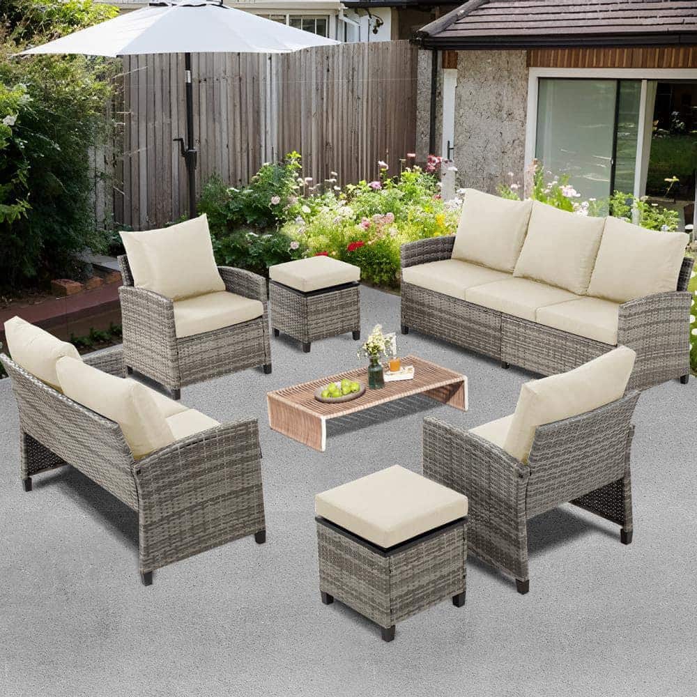 Gray 6-Piece Wicker Outdoor Patio Conversation Set with Beige Cushions and Ottomans Ottomans for Outside, Backyard price history on PriceWatchPro