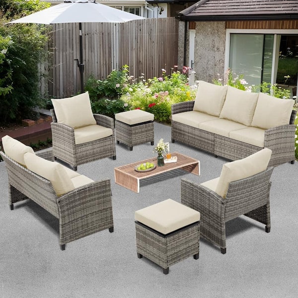 Zeus & Ruta Gray 6-Piece Wicker Outdoor Patio Conversation Set with Beige Cushions and Ottomans Ottomans for Outside, Backyard