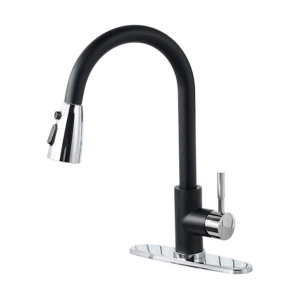 VEVETTA 15 in. Deck-Mount Single-Handle 360° Pull-Down Sprayer Kitchen Faucet in Polished Chrome and Matte Black