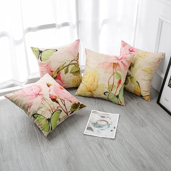 Outdoor Set of 4 Waterproof Throw Pillow Covers 18x18 Inches, Pink Roses and Butterfly Pattern Decorative Cushion Covers, Yellow