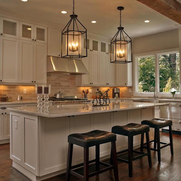 Dvorakova 4-Light Black Lantern Chandelier with Seedy Glass Shade for Kitchen Island