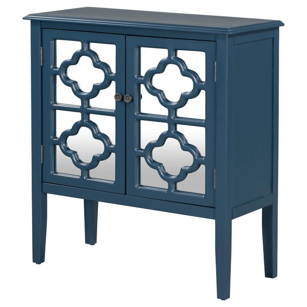 Dark Blue Wood Buffet Sideboard Storage Cabinet with Mirrored Doors and Adj