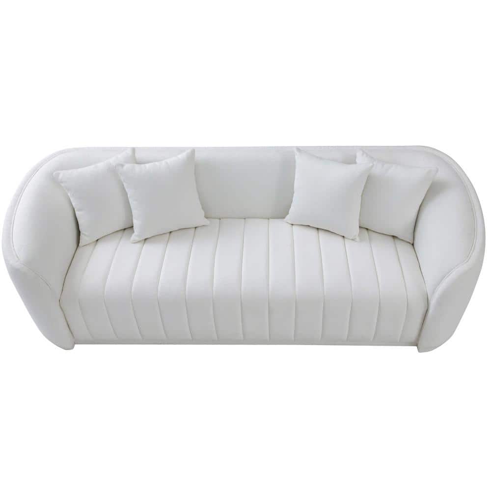 White Boucle Upholstered Mid-Century Modern Sofa with Round Arms