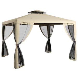 9.6 ft. x 11.6 ft. Taupe Outdoor Canopy Shelter with 2-Tier Roof and Netting, Steel Frame and Polyester Canopy