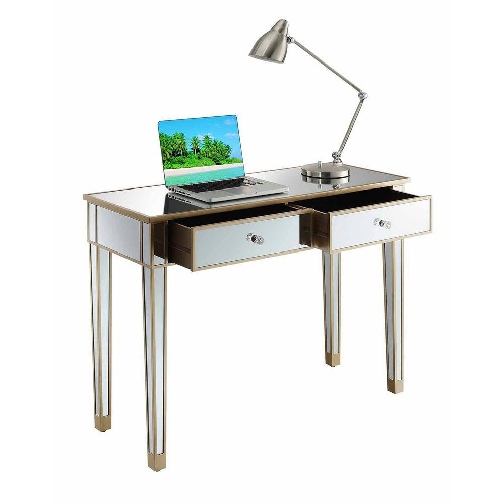 Chic Champagne Mirrored 2-Drawer Console Desk with Crystal Knobs