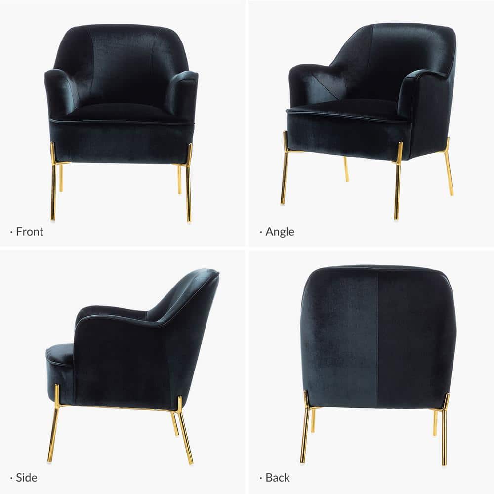 Elegant Black Velvet Curved Backrest Accent Chair with Golden Metal Legs
