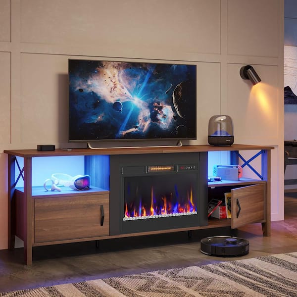 Bestier 63 in. Walnut Freestanding Electric Fireplace TV Stand FIts TV's Up to 75 in. with LED and Adjustable Storage Cabinet
